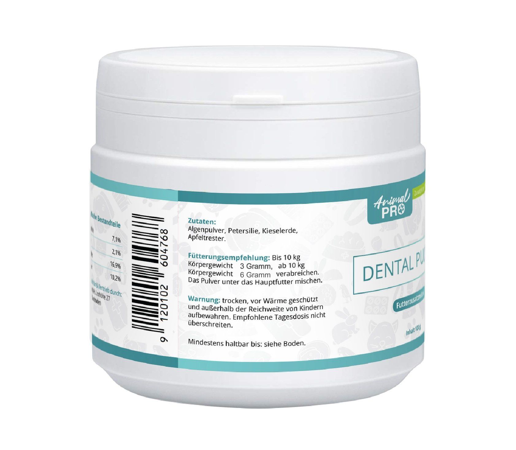 Rückseite der Dose DENTAL PULVER. Zutatenliste, Fütterungsempfehlung, Warnhinweis. Marke: Animal Pro.