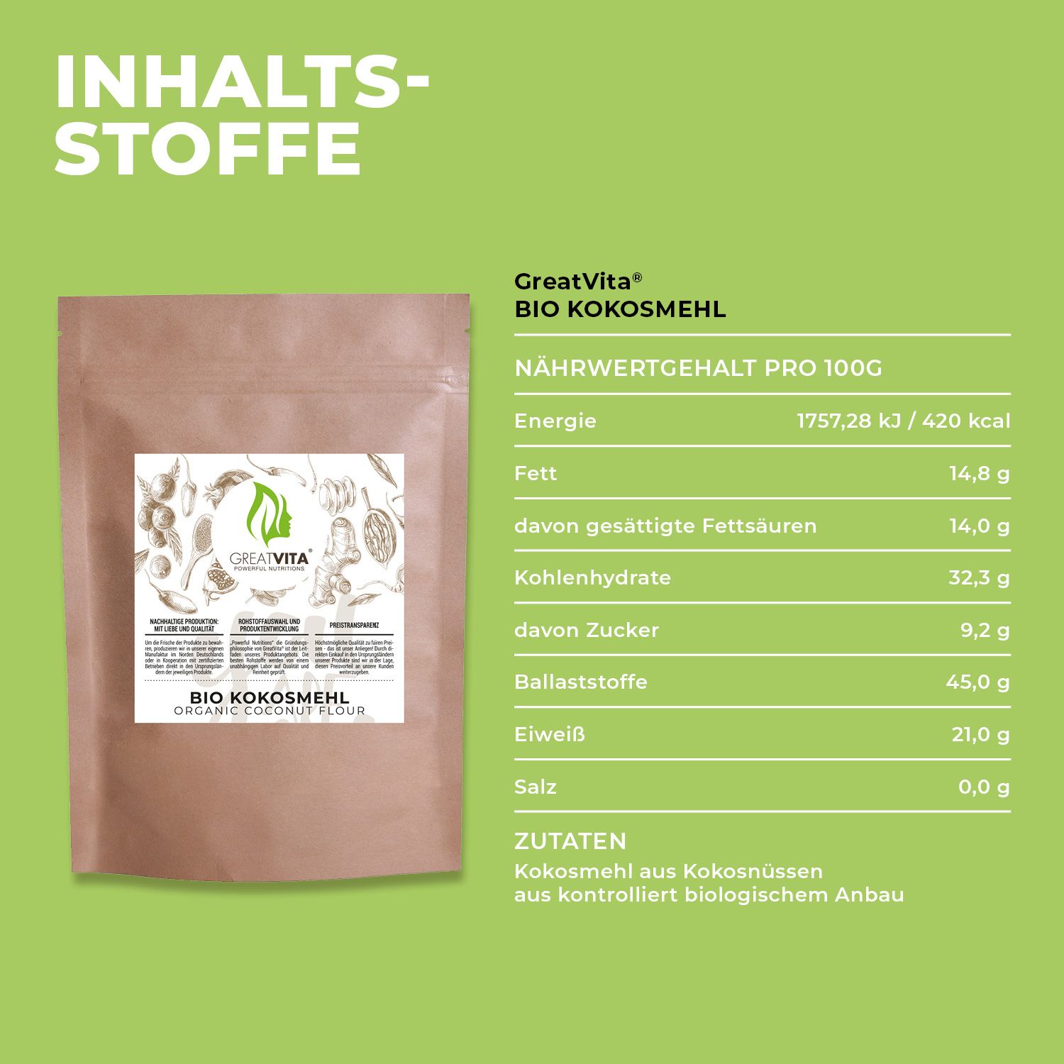 GreatVita Bio Kokosmehl-Packung mit Nährwertangaben pro 100g. Text: Energie, Fett, Kohlenhydrate, Eiweiß, Salz, Zutaten: Kokosmehl aus Kokosnüssen aus kontrolliert biologischem Anbau.
