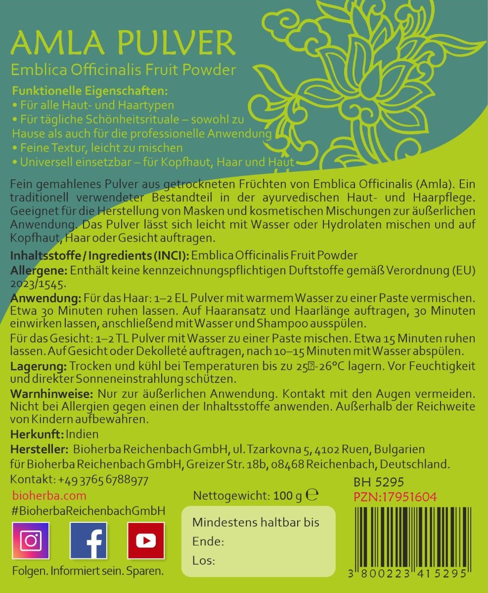 Rückseite eines Beutels mit Text. Amla Pulver, Emblica officinalis. Inhaltsstoffe, Anwendungshinweise, Herstellerinformationen, Chargennummer.