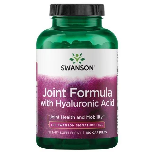 Grüne Flasche mit weißem Etikett. Aufschrift: SWANSON Joint Formula mit Hyaluronsäure. 150 Kapseln.