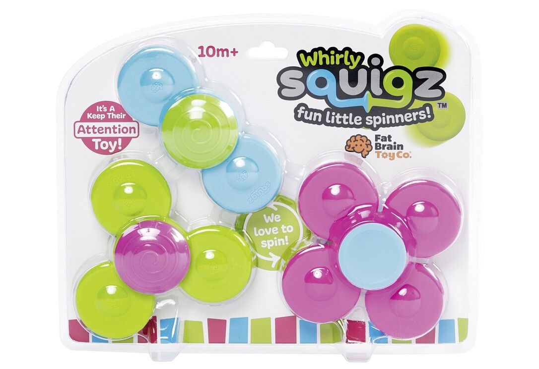 Verpackung mit bunten Spinnern. Enthält mehrere Scheiben in Grün, Blau und Pink. Aufschrift: Whirly Squigz.