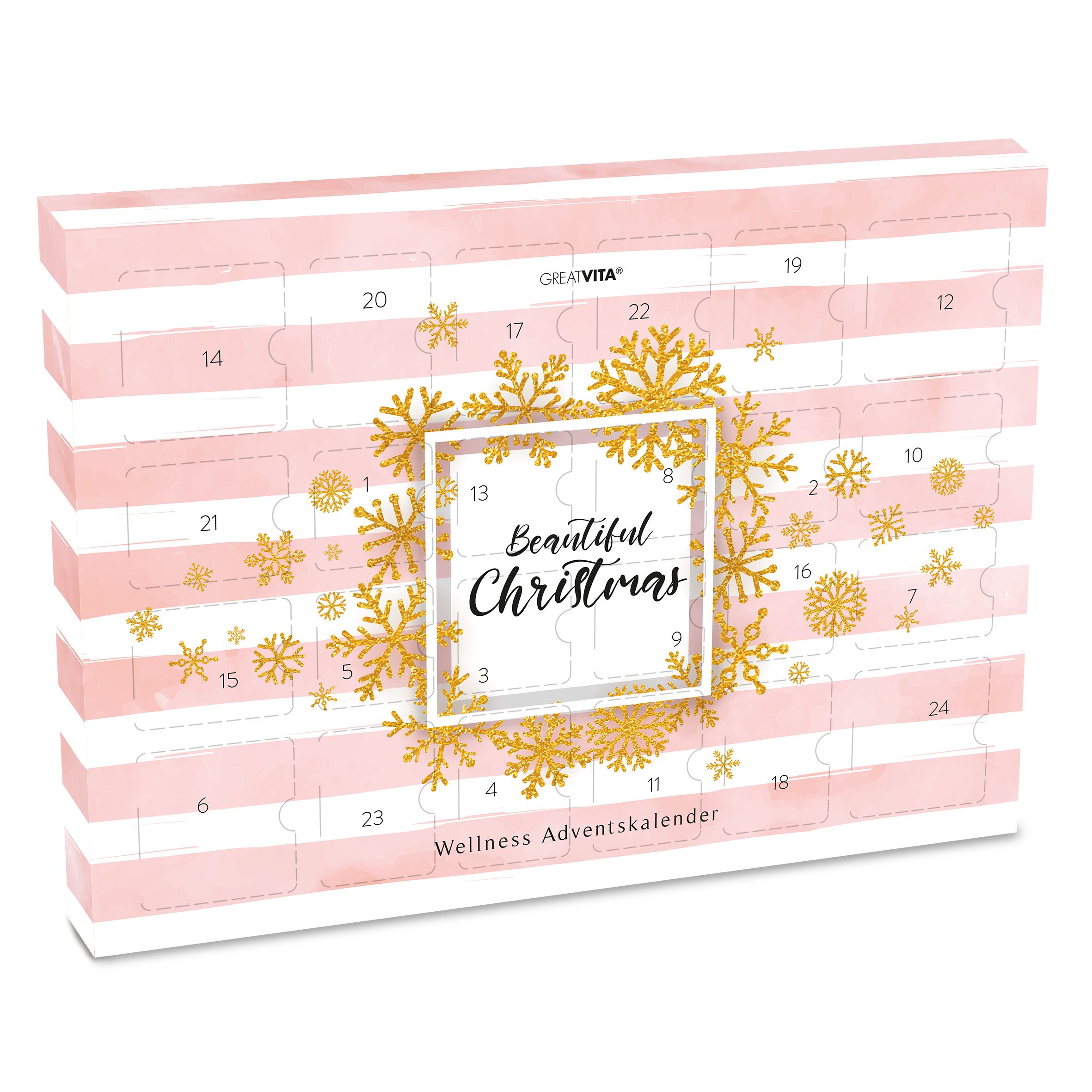 Adventskalender mit rosa Streifen, goldenen Schneeflocken und Schriftzug. Enthält 24 Türchen. Marke: GreatVita. Aufschrift: Beautiful Christmas.