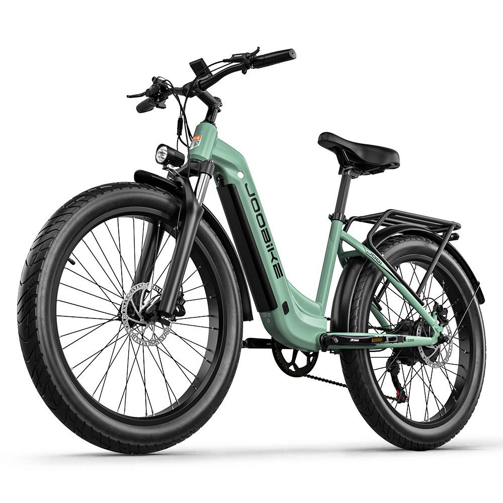 Hellgrünes Elektrofahrrad mit schwarzen Reifen. JOOBIKE-Logo am Rahmen. Frontscheinwerfer. 48V-Batterie.