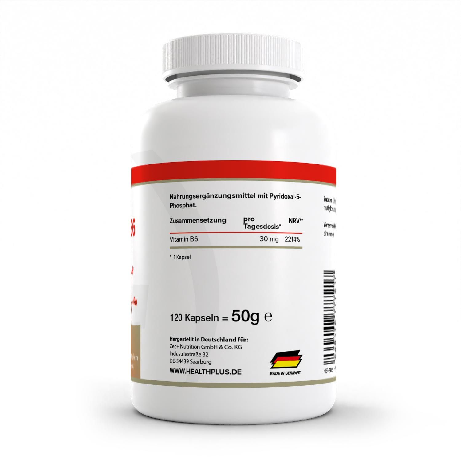 Weiße Flasche mit rotem Streifen. Aufschrift: Vitamin B6, 120 Kapseln, 50g. Herstellerinformationen und Logo.