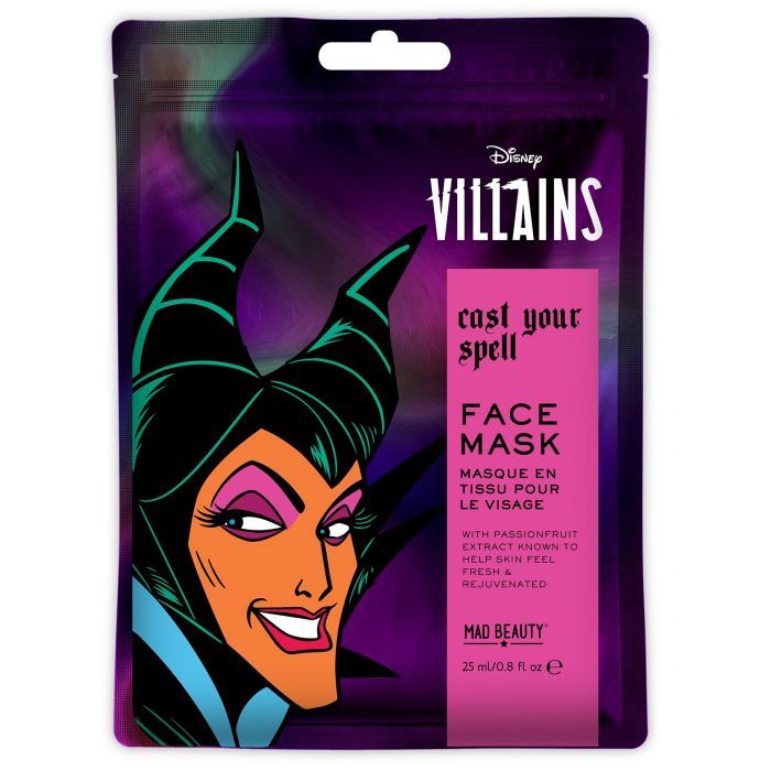 Gesichtsmaske in einer Verpackung mit Maleficent-Illustration. Aufschrift: Face Mask, Mad Beauty. Enthält Passionsfrucht-Extrakt.