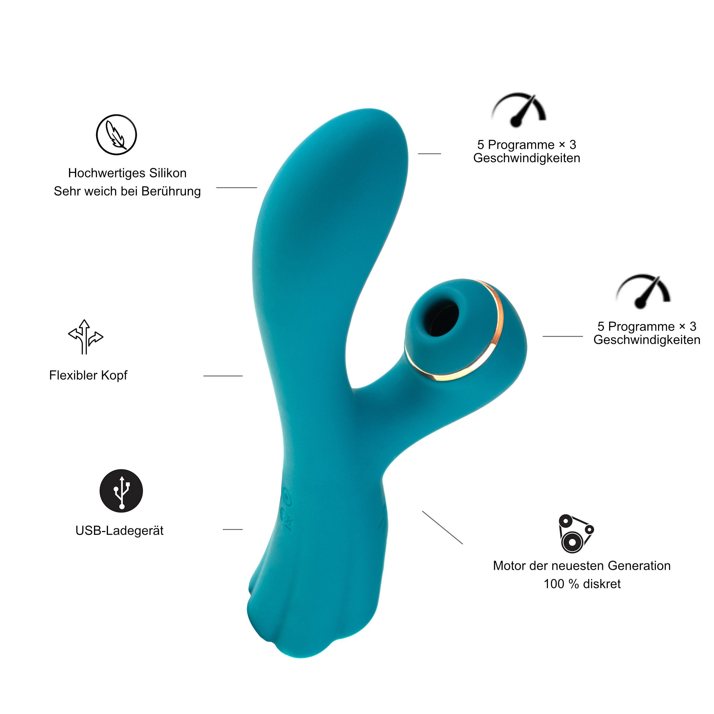 Türkiser Vibrator: Flexibler Kopf, USB-Ladegerät, 5 Programme, 3 Geschwindigkeiten.