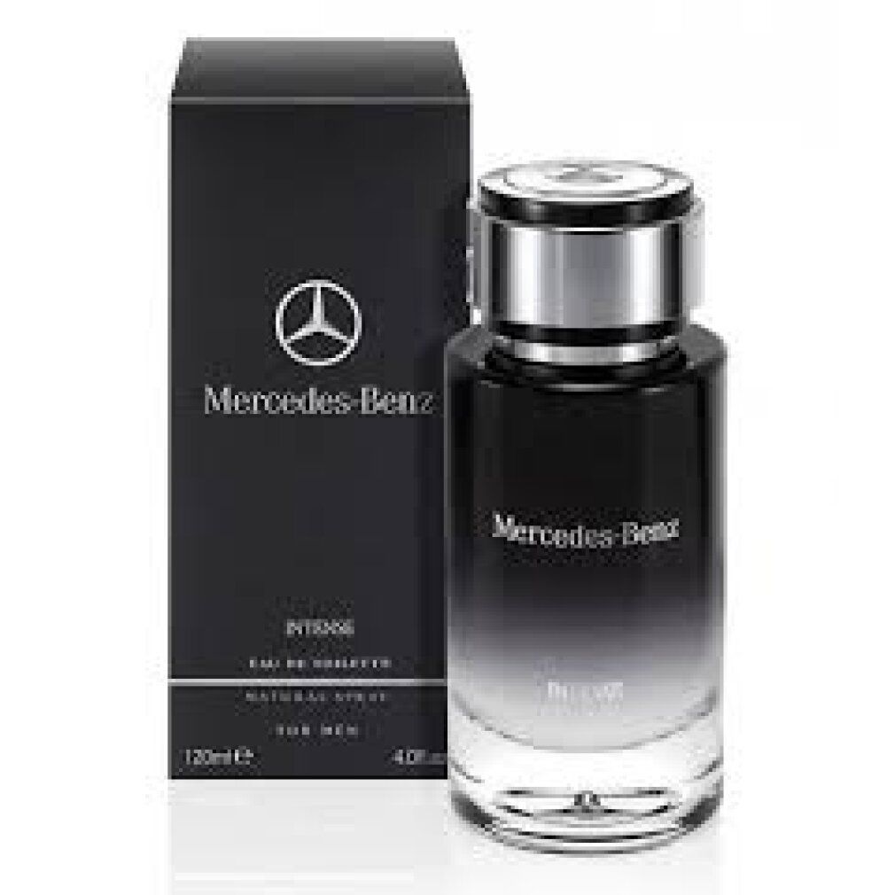 Schwarzer Karton und Flakon. Flakon mit silbernem Verschluss. 'Mercedes-Benz Intense'. 120ml, 4 fl.oz.