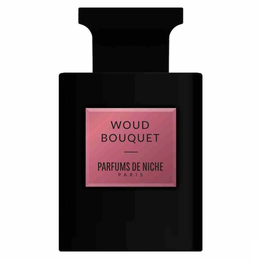 Schwarze Parfümflasche mit rosa Etikett, auf dem "WOUD BOUQUET" und "PARFUMS DE NICHE PARIS" steht.