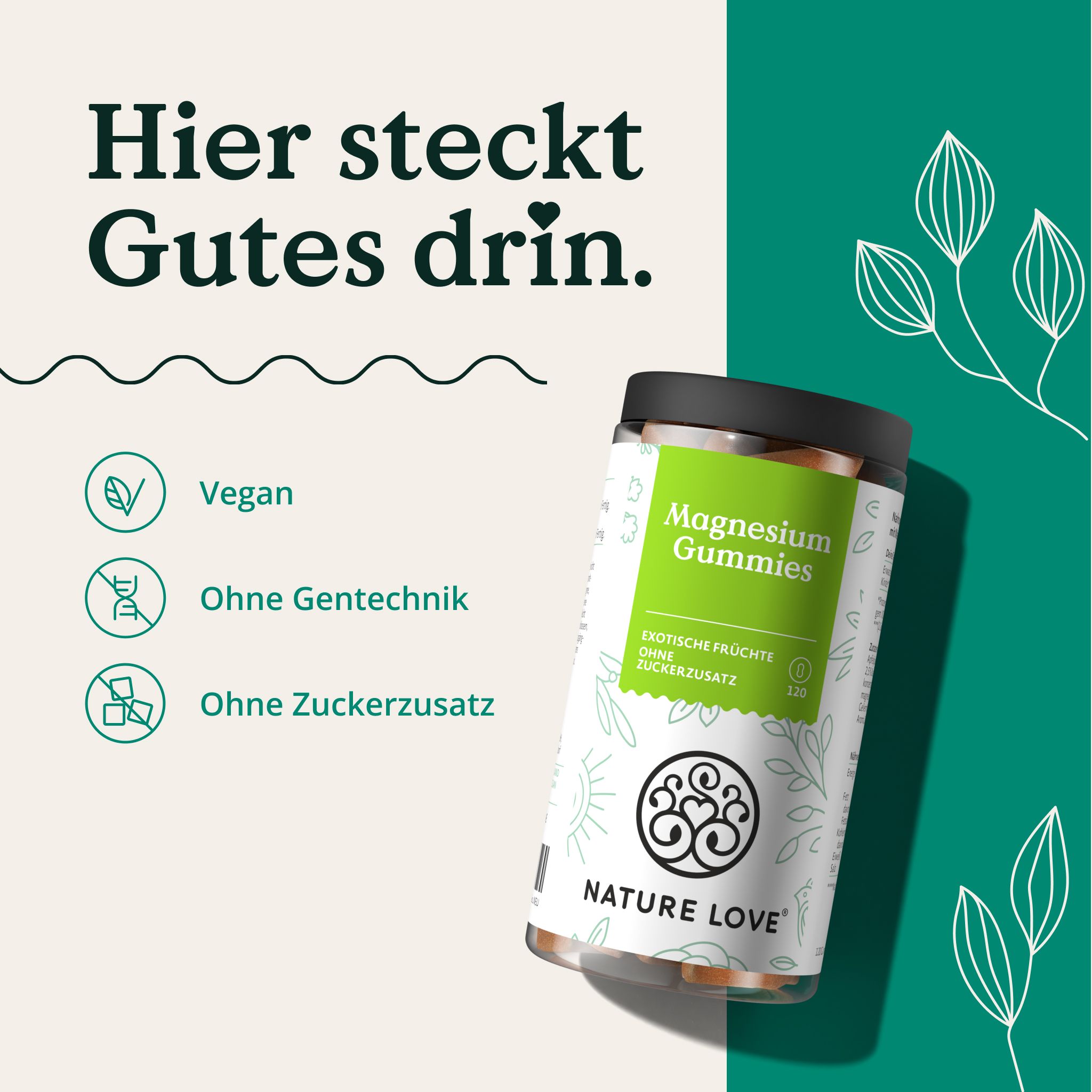 Magnesium Gummies Dose. Text: Magnesium Gummies, exotische Früchte, ohne Zuckerzusatz. Vegan, ohne Gentechnik, ohne Zuckerzusatz.