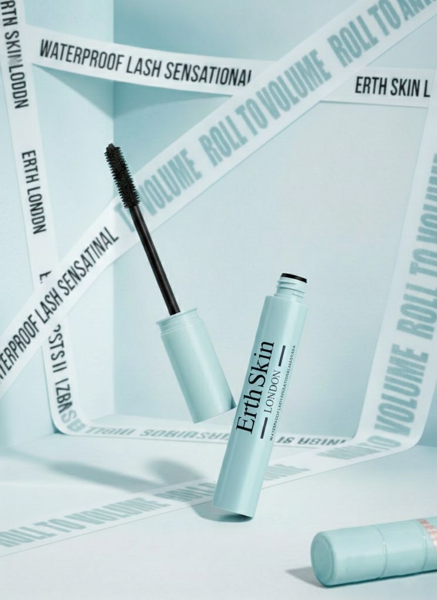 Erth Skin London wasserfeste Mascara mit Applikator, umgeben von Band mit Produktnamen.