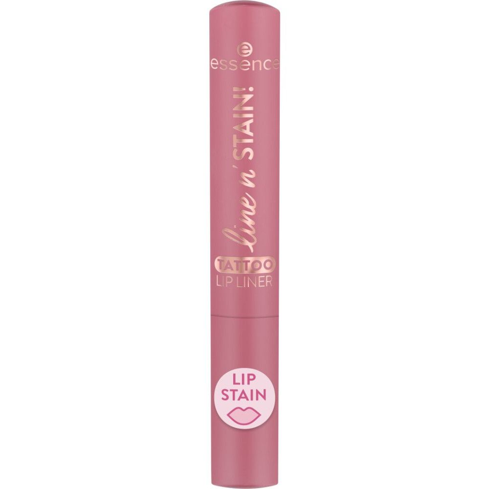 Lippenkonturenstift in Rosa. Schriftzug: Essence, Line n' Stain, Tattoo Lipliner, Lip Stain.
