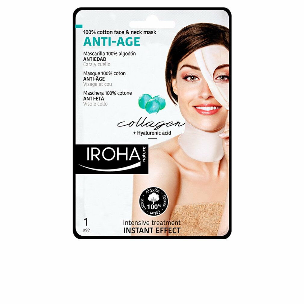 Gesichts- und Halsmaske aus Baumwolle. Verpackung mit Produktabbildung und Model. Marke Iroha Nature, Collagen + Hyaluronsäure.
