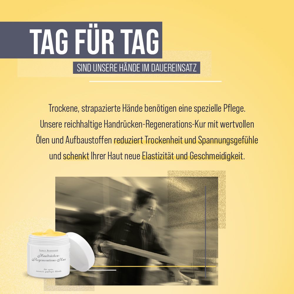 Produkt: Tiegel mit Handrücken-Regenerations-Kur. Deckel daneben. Gelber Hintergrund mit Text: Tag für Tag.