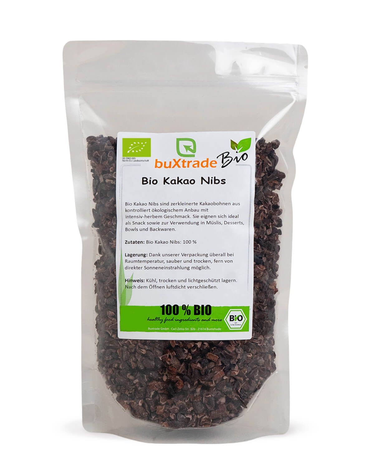 Verpackung mit Bio-Kakaonibs und Bio-Siegel.