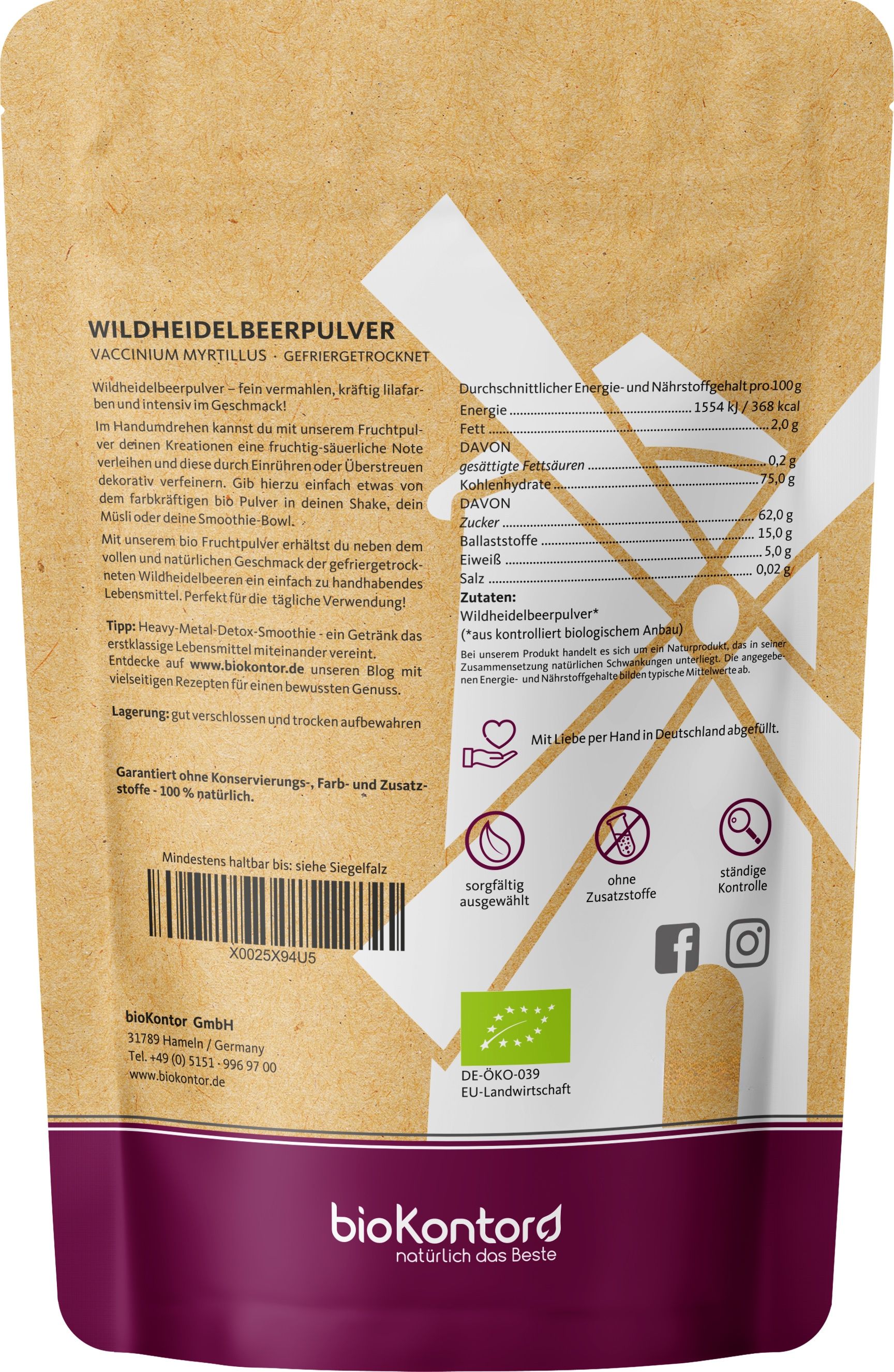 Beutel mit Wildheidelbeerpulver. Aufdrucke: Nährwertangaben, Bio-Siegel, Text. Marke: bioKontor. Hintergrund: braun.