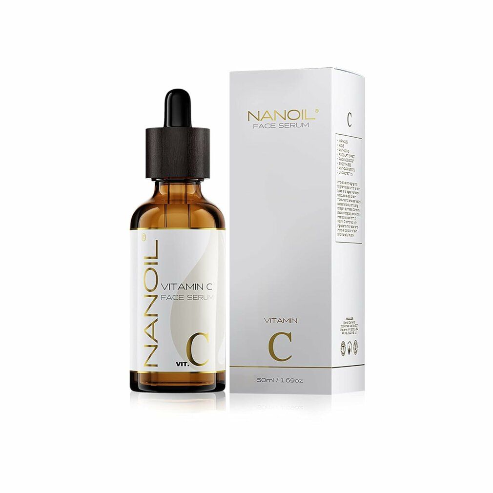 Braune Glasflasche und Karton. Aufschrift: Nanoil Vitamin C Face Serum. Mit Pipette.