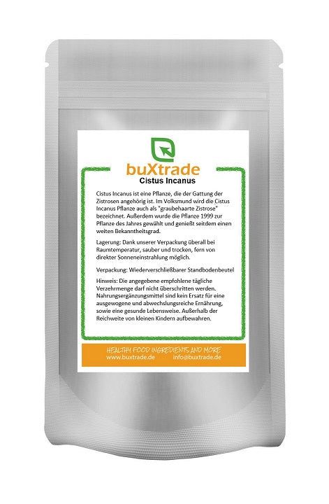 Beutel mit Produktinformationen. Aufschrift: buXtrade Cistus Incanus. Wiederverschließbarer Standbodenbeutel.