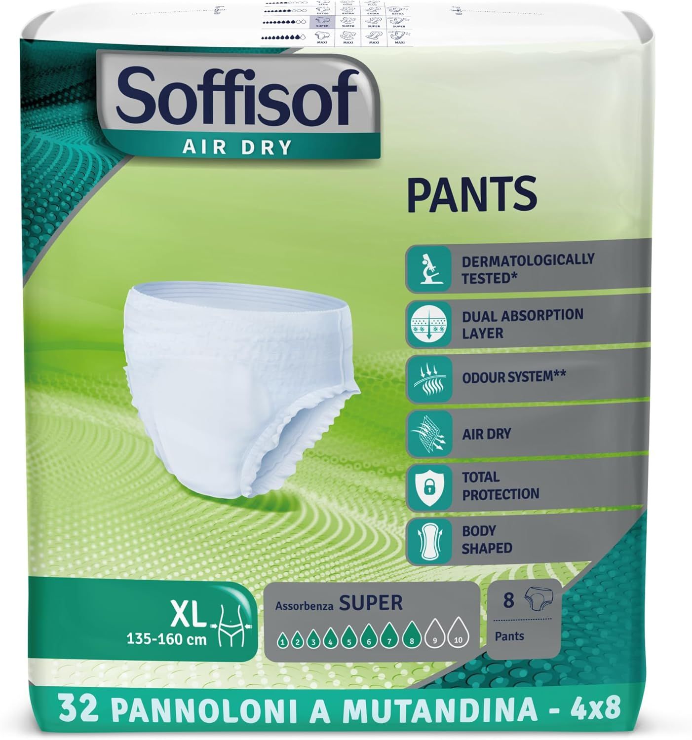 Soffisof Pants Super Inkontinenz Windelhosen. XL-Größe. 8 Stück. Dermatologisch getestet. Duale Absorptionsschicht.