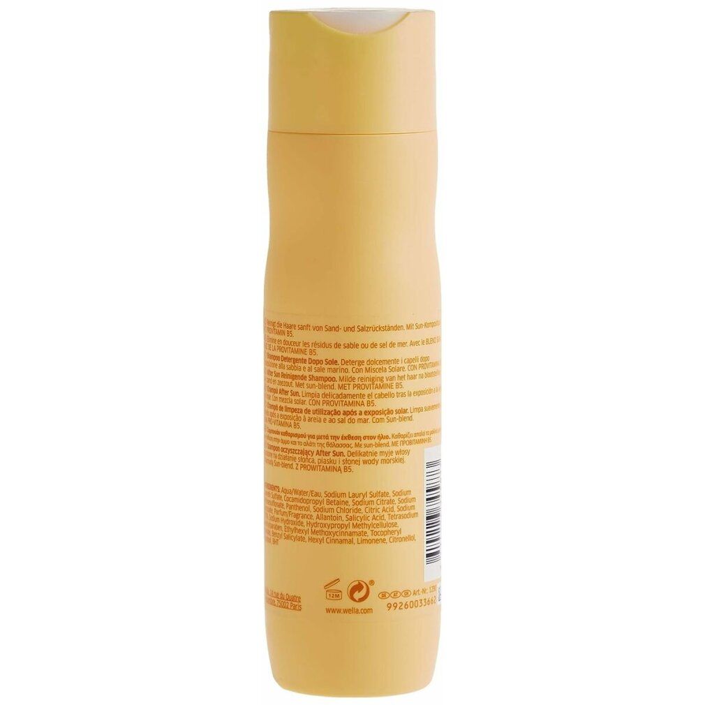 Gelbe Shampoo-Flasche. Rückseite mit Text und Barcode. Aufschrift: Wella Invigo Sun After Sun Shampoo.
