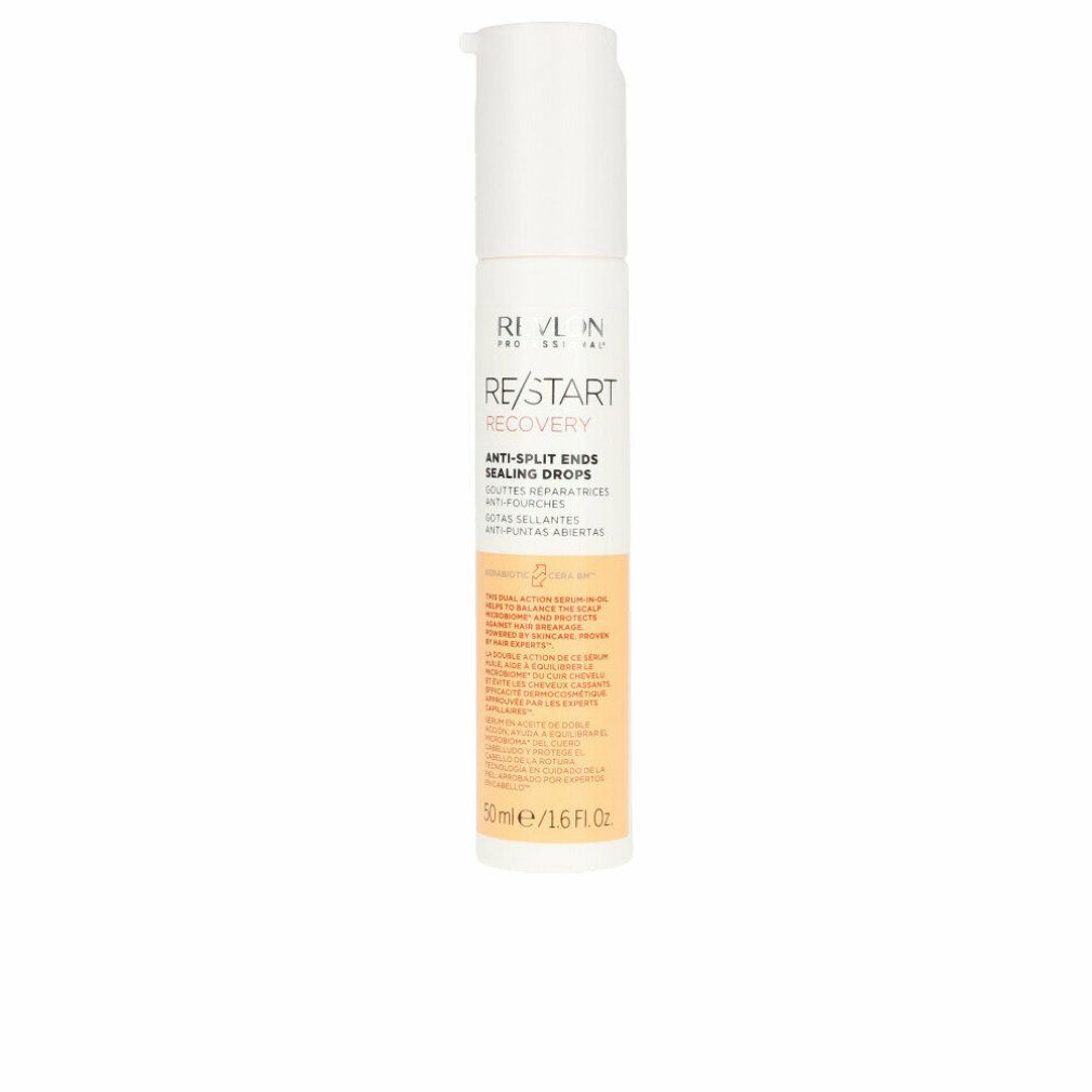 Weiß-orange Flasche mit Produkttext: RE/START RECOVERY Anti-Split Ends Sealing Drops. 50ml/1.6 fl.oz.