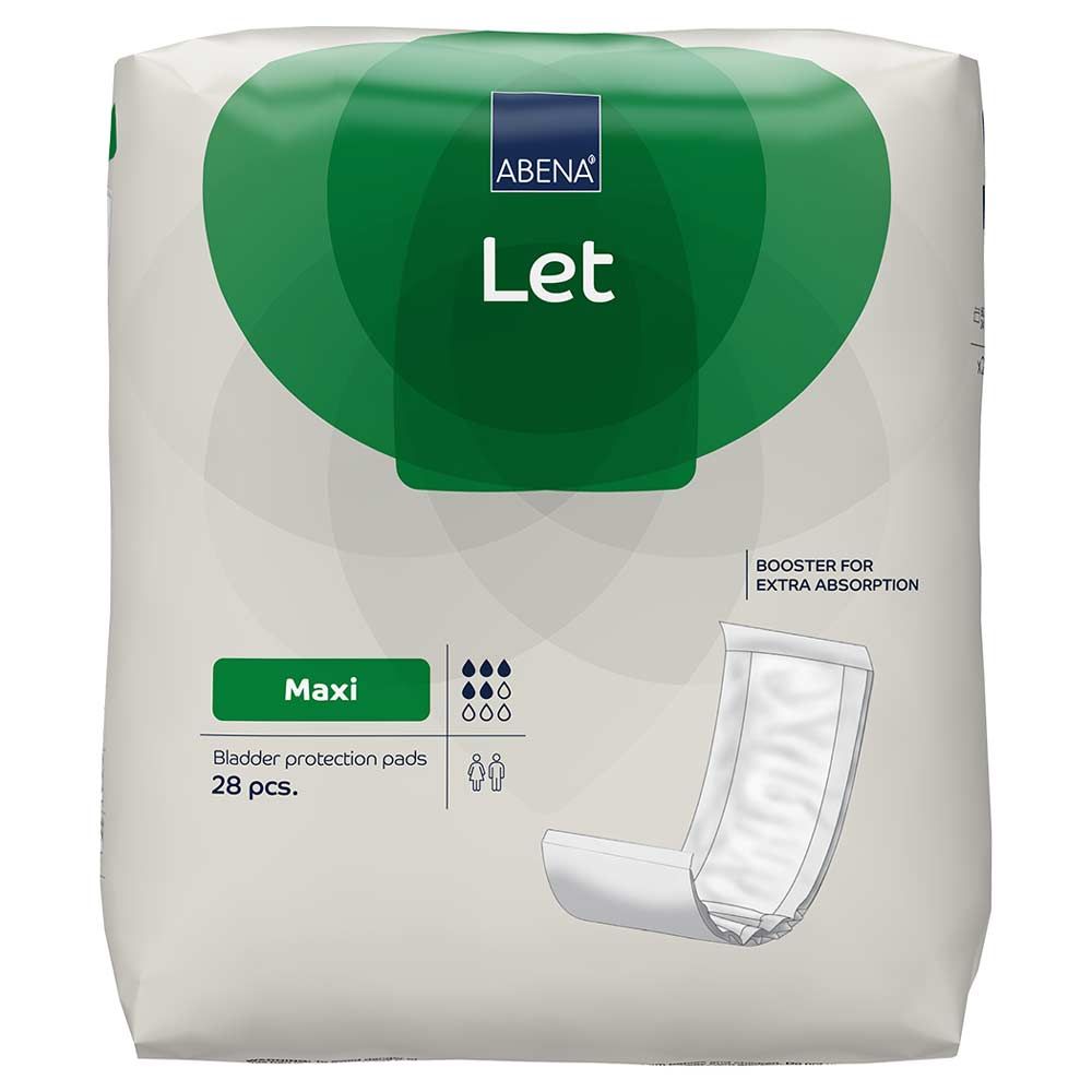 Verpackung mit Abena Let Maxi Inkontinenzeinlagen. Grün-weißes Design mit Produktname und Absorptionsgrad-Symbolen. 28 Stück.