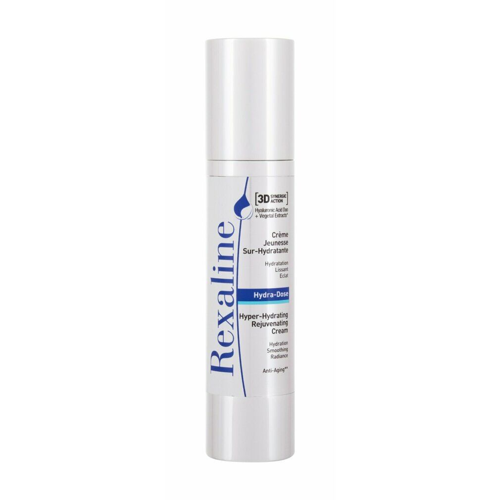 Weiße Creme-Flasche mit blauem Schriftzug. Aufschrift: Rexaline, Crème Jeunesse Sur-Hydratante, Hydra-Dose, Anti-Aging.