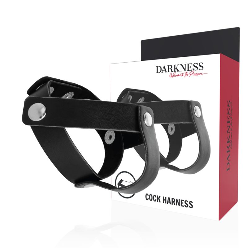 Produktverpackung mit Lederring. Marke: Darkness. Text: Cock Harness.
