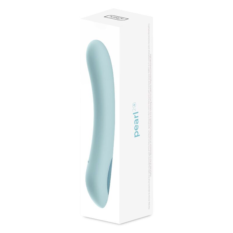Hellblauer Vibrator in seiner weißen Verpackung mit der Aufschrift 'pearl 2.0'.