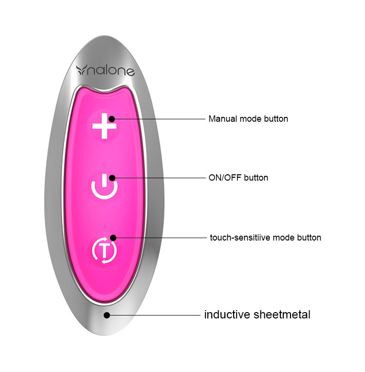 Pinkfarbener Stimulator mit ovaler Form. Silberne Akzente und drei Knöpfe. Beschriftungen.