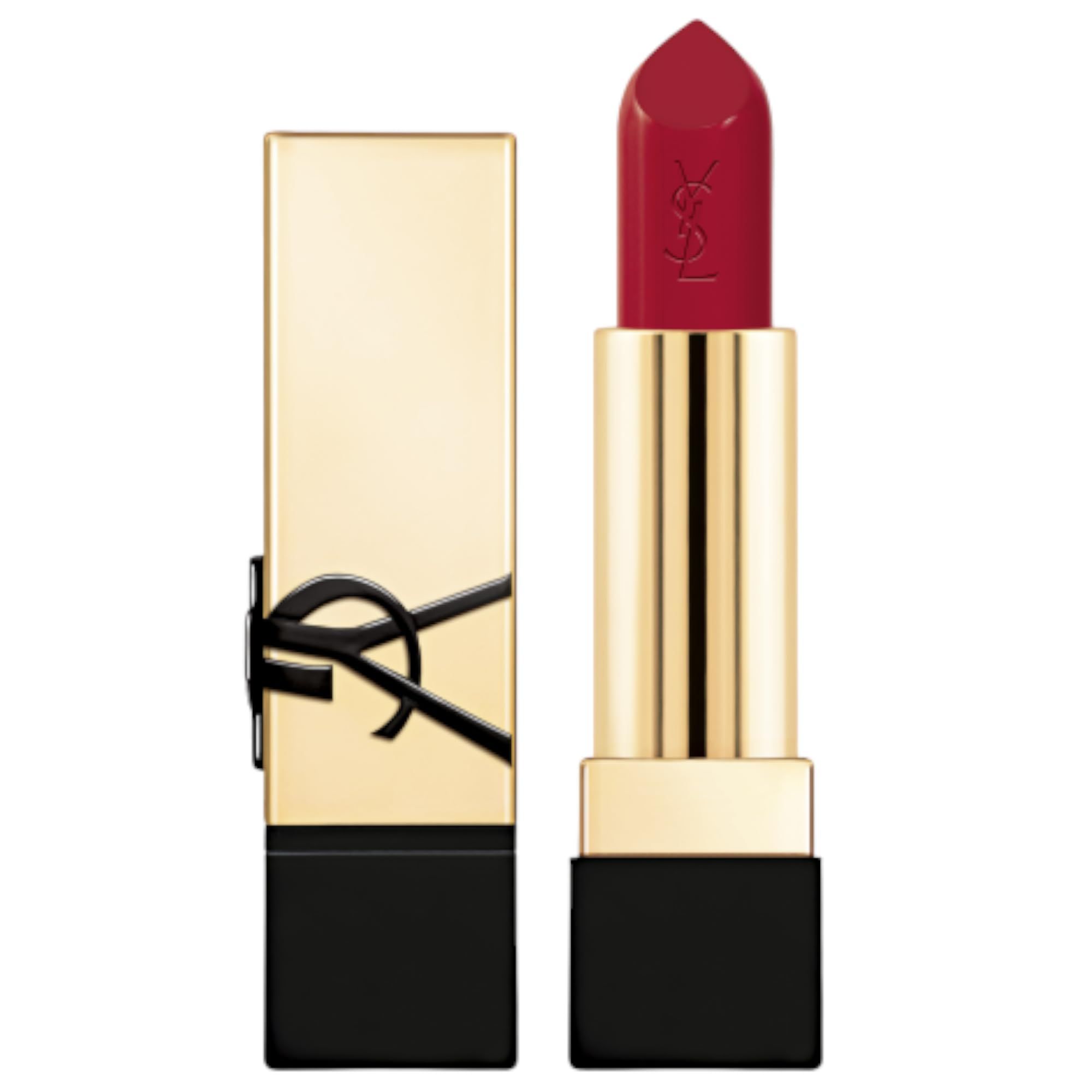Goldfarbener Lippenstift-Hülle mit schwarzem Logo. Roter Lippenstiftstift. Geöffnet, Stift sichtbar.