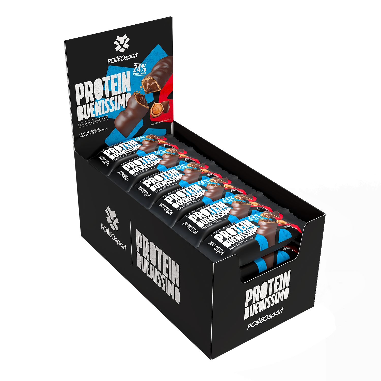 Schwarzer Karton mit Proteinriegeln. Aufschrift: Protein Buenissimo. Riegel einzeln verpackt, mit blauem und rotem Design.