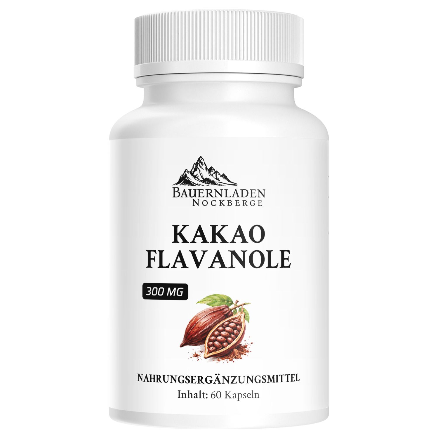 Weiße Dose mit Kakaoflanol-Kapseln, 300 mg. Enthält 60 Kapseln.