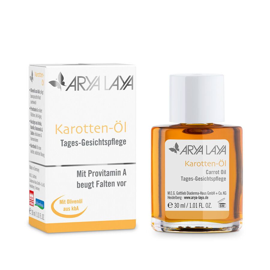 Arya Laya Karotten-Öl Tages-Gesichtspflege in Glasflasche mit Faltschachtel. Enthält Provitamin A.