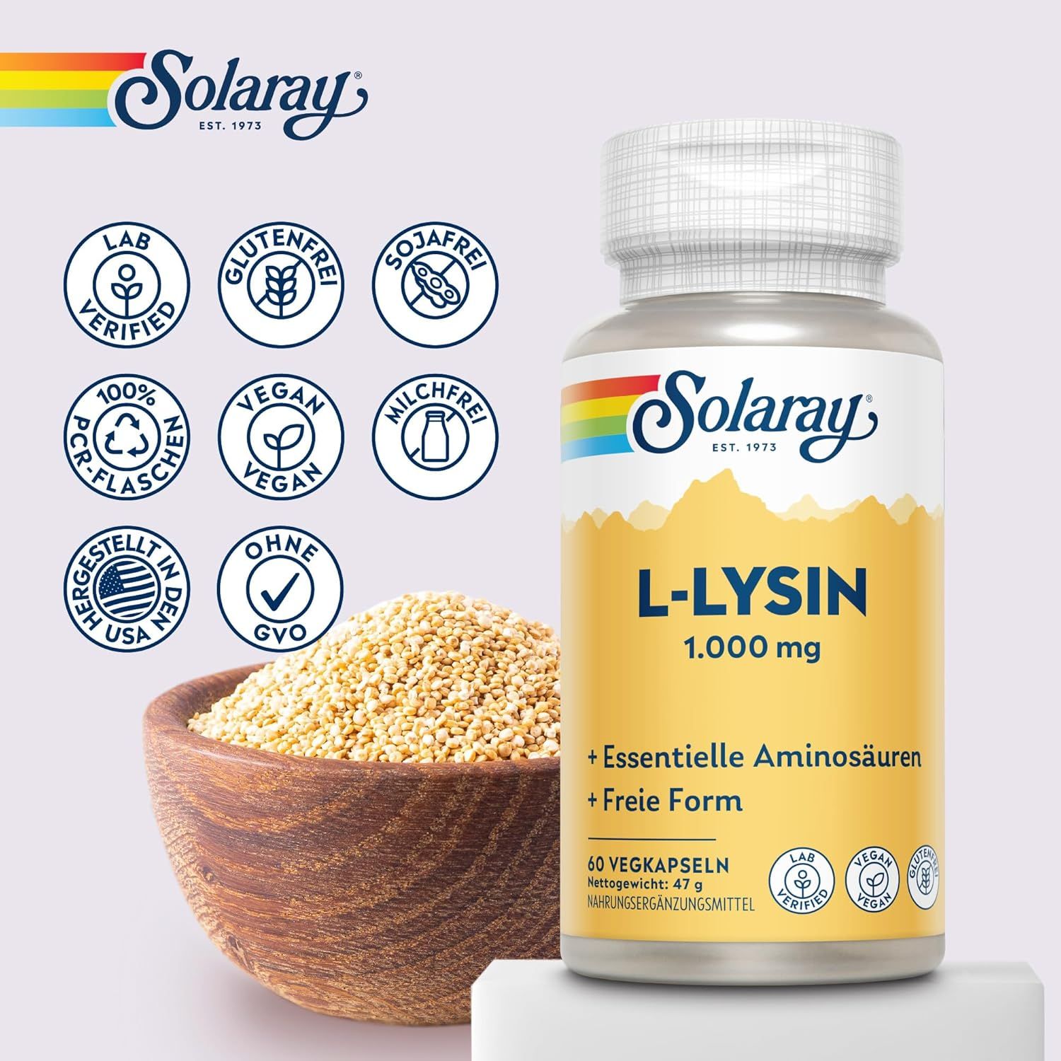 Solaray L-Lysin Kapseln mit Siegeln: Laborgeprüft, 100% vegan, glutenfrei, sojafrei, milchfrei, ohne GVO.