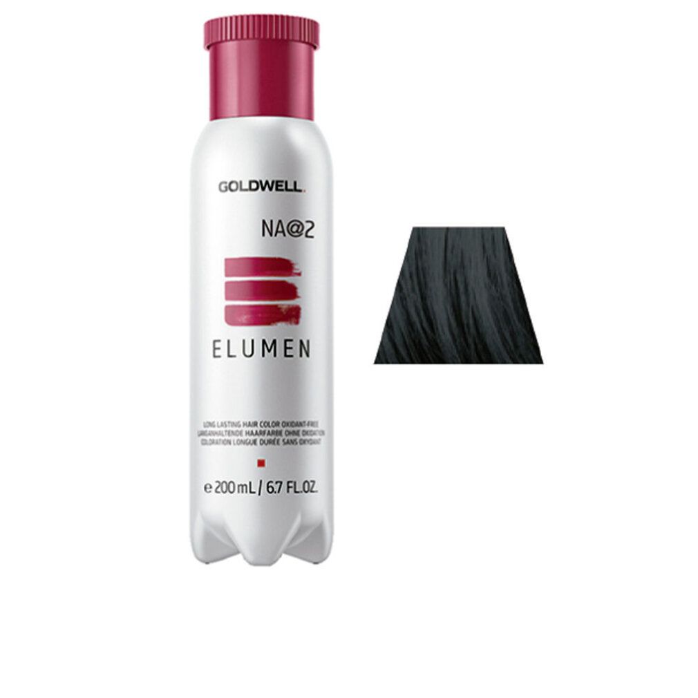 Flasche Goldwell Elumen na@2 mit Farbmuster. Weißes Etikett, roter Deckel. Text: Elumen, NA@2, 200 ml.