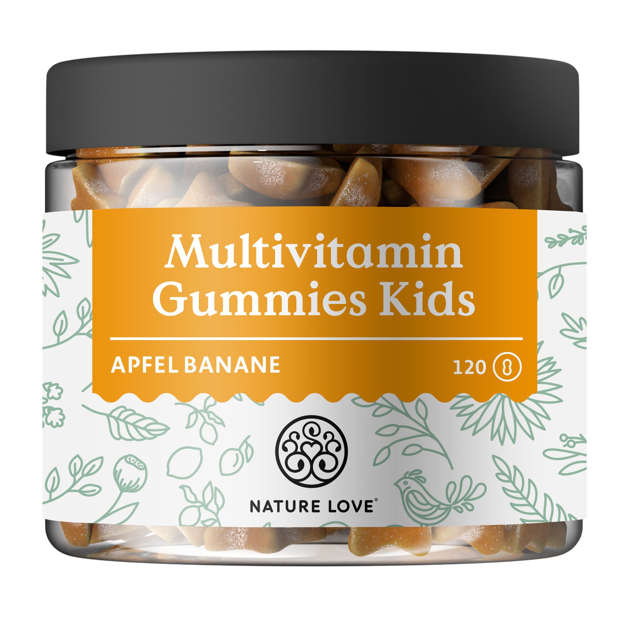 Glas mit NATURE LOVE® Multivitamin Gummies Kids. Aufkleber mit Produktinformationen. Apfel-Banane-Geschmack. 120 Gummies.