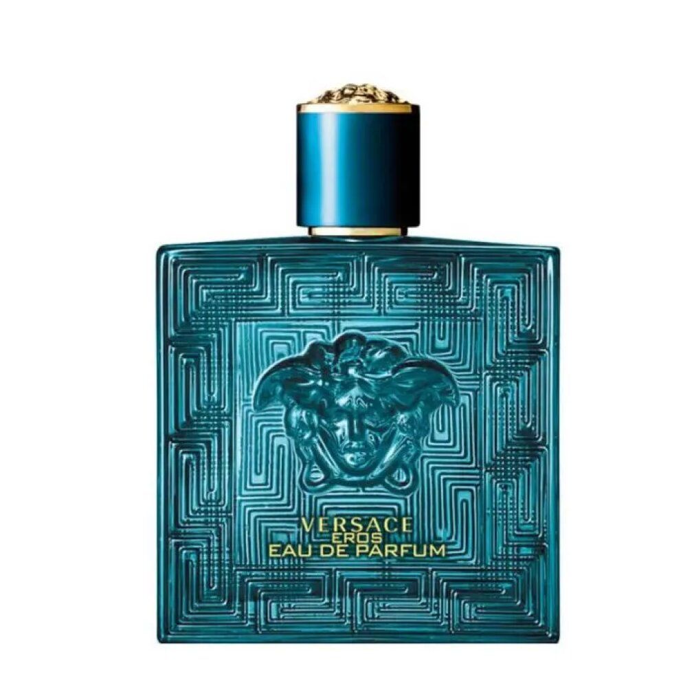 Türkisfarbene quadratische Flasche mit Reliefmuster und goldfarbenem Deckel. Schriftzug: Versace Eros Eau de Parfum.