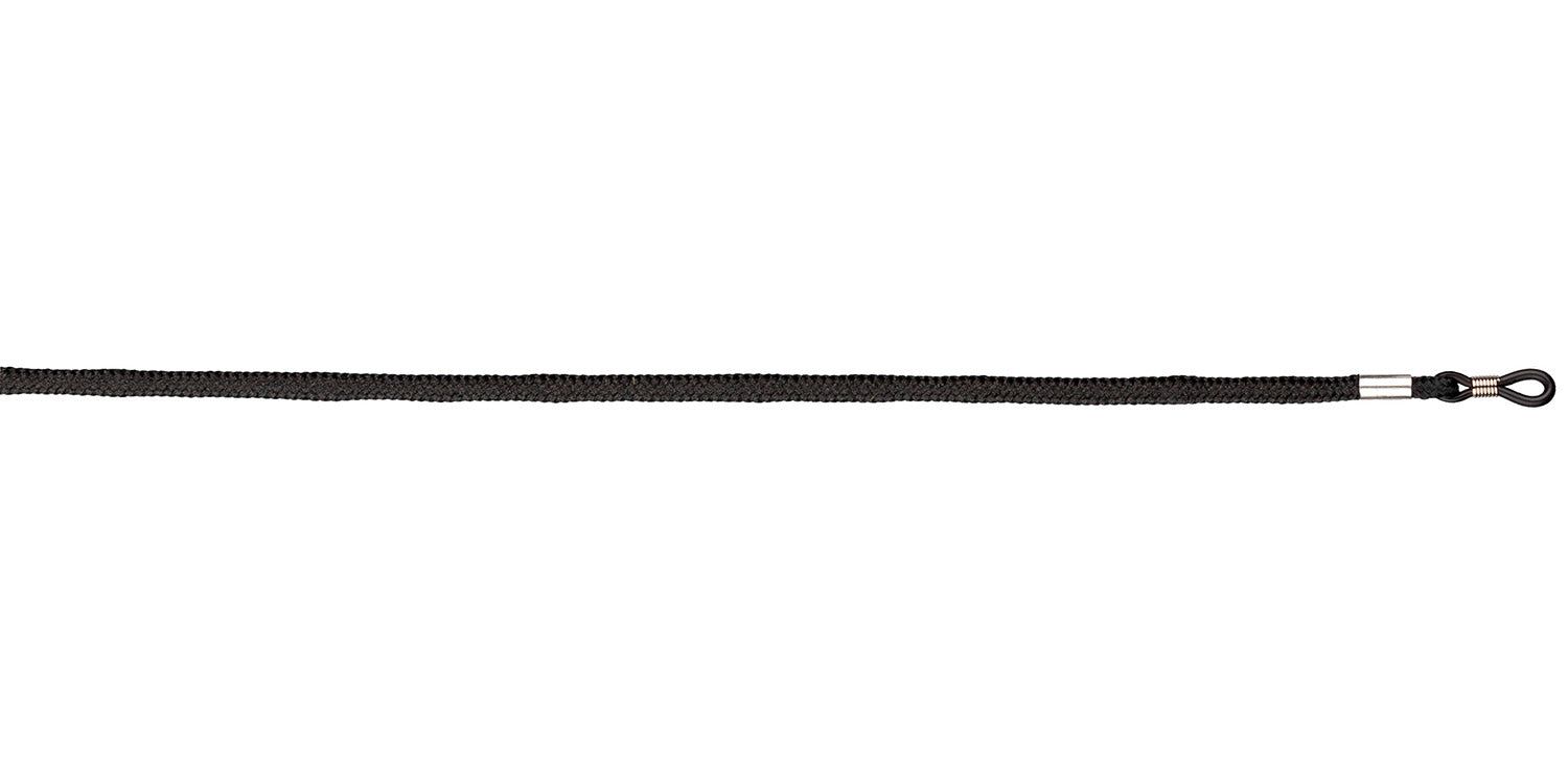 Schwarzes Brillenband. Geflochtenes Band mit Metallschlaufe zur Befestigung an Brillenbügeln.