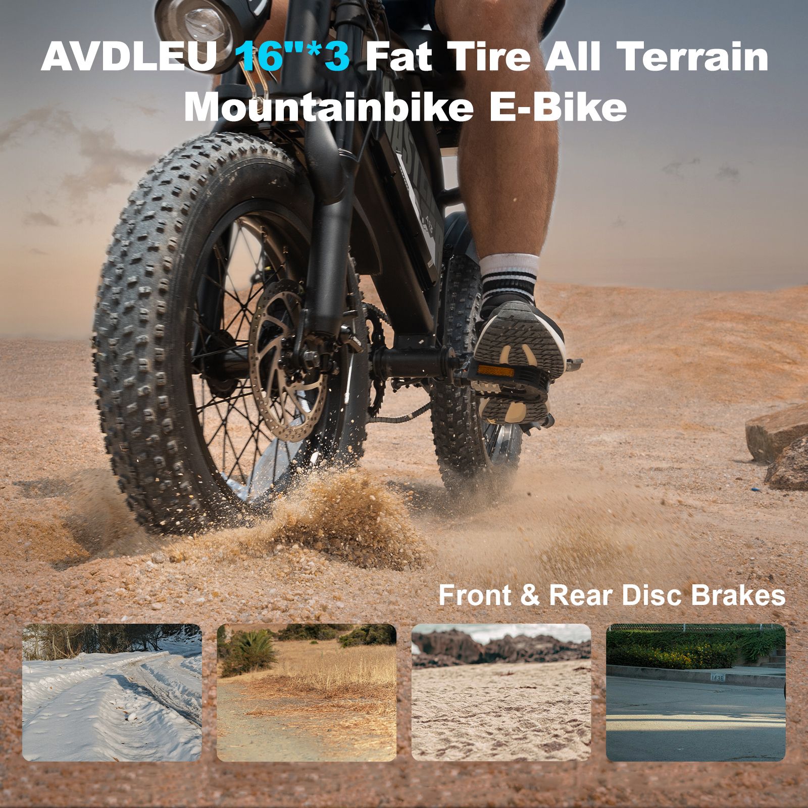 E-Bike mit breiten Reifen im Gelände. Text: AVDLEU 16"*3 Fat Tire All Terrain Mountainbike E-Bike. Front- und Heck-Scheibenbremsen.