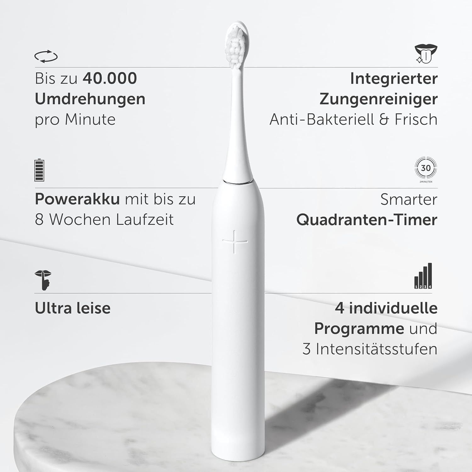 Weiße elektrische Zahnbürste. Text: Bis zu 40.000 Umdrehungen pro Minute, Powerakku, 4 Programme, Timer, Zungenreiniger.