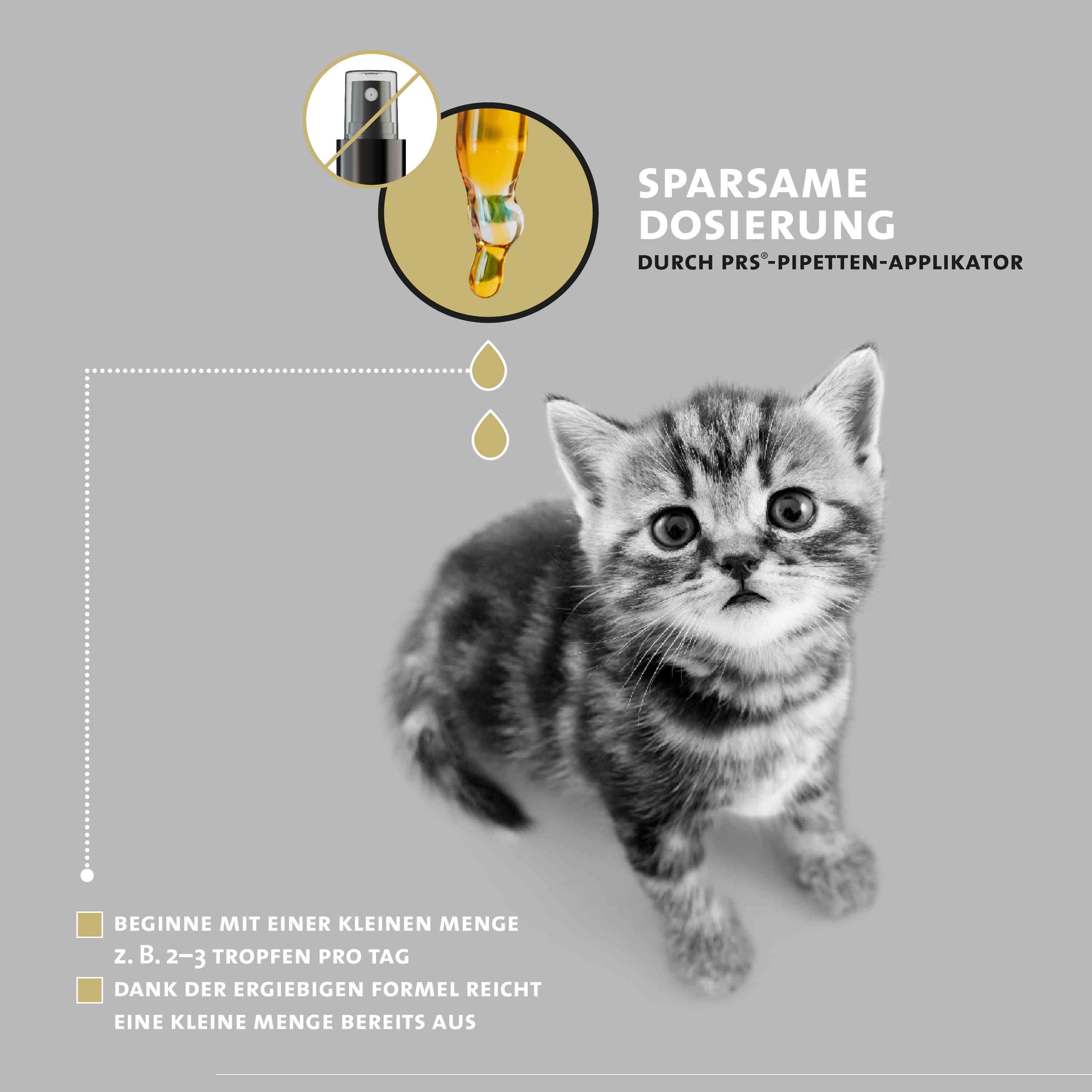 Kätzchen. Aufschrift: Sparsame Dosierung durch PRS-Pipetten-Applikator. Beginne mit kleiner Menge. Ergiebige Formel.