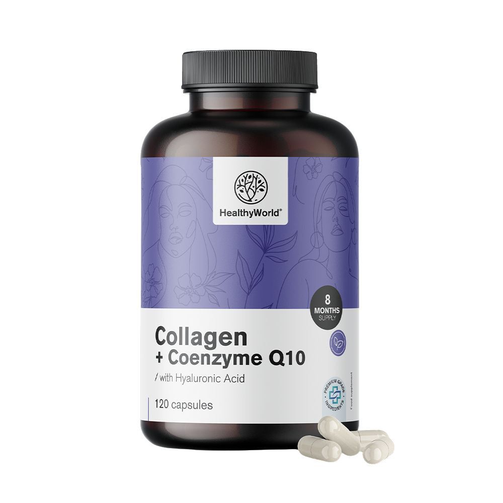 Braune Flasche mit Kapseln. Aufschrift: Collagen + Coenzym Q10. Mit Hyaluronsäure. 120 Kapseln. HealthyWorld Logo. 8 Monate Vorrat.