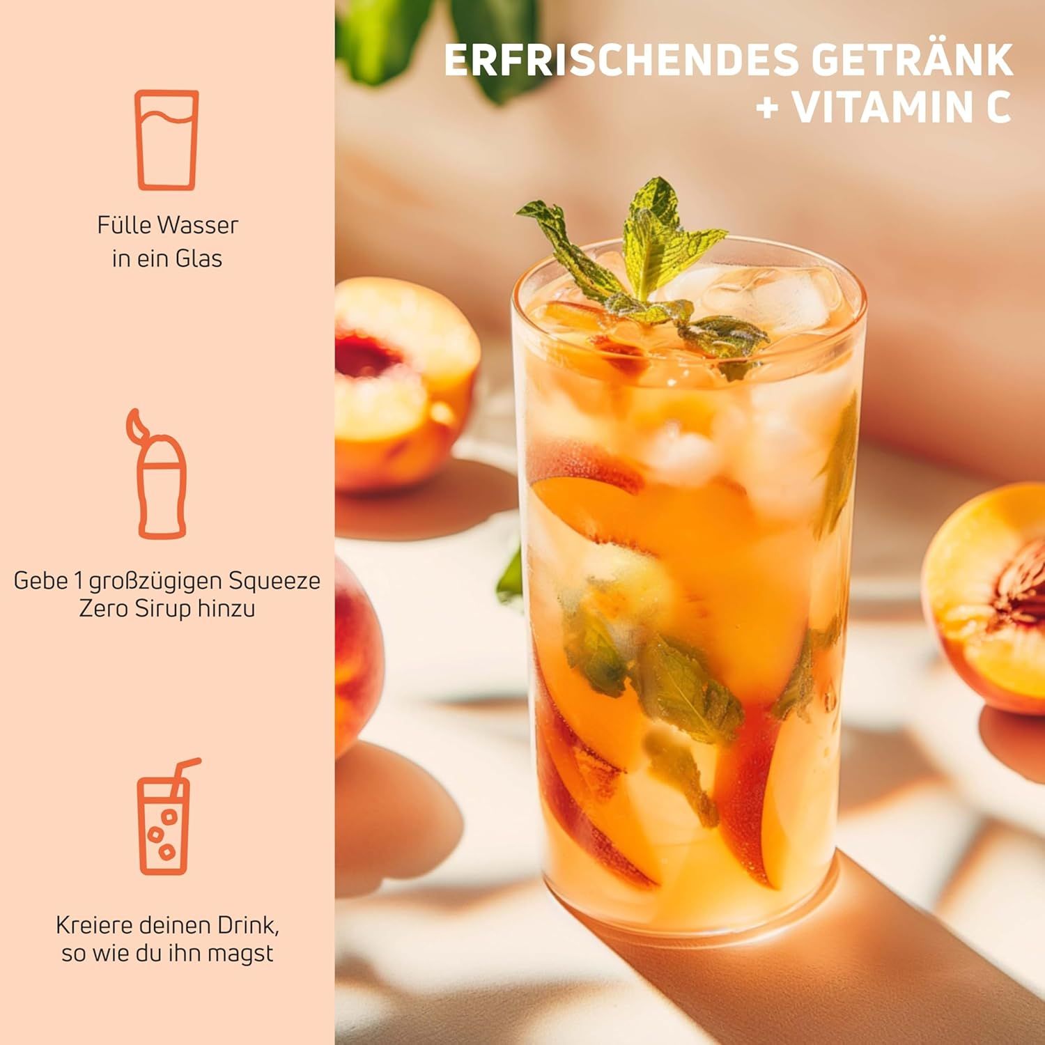 Glas Eistee mit Pfirsich und Minze. Anweisungen: Wasser ins Glas, Sirup hinzufügen, Getränk kreieren.