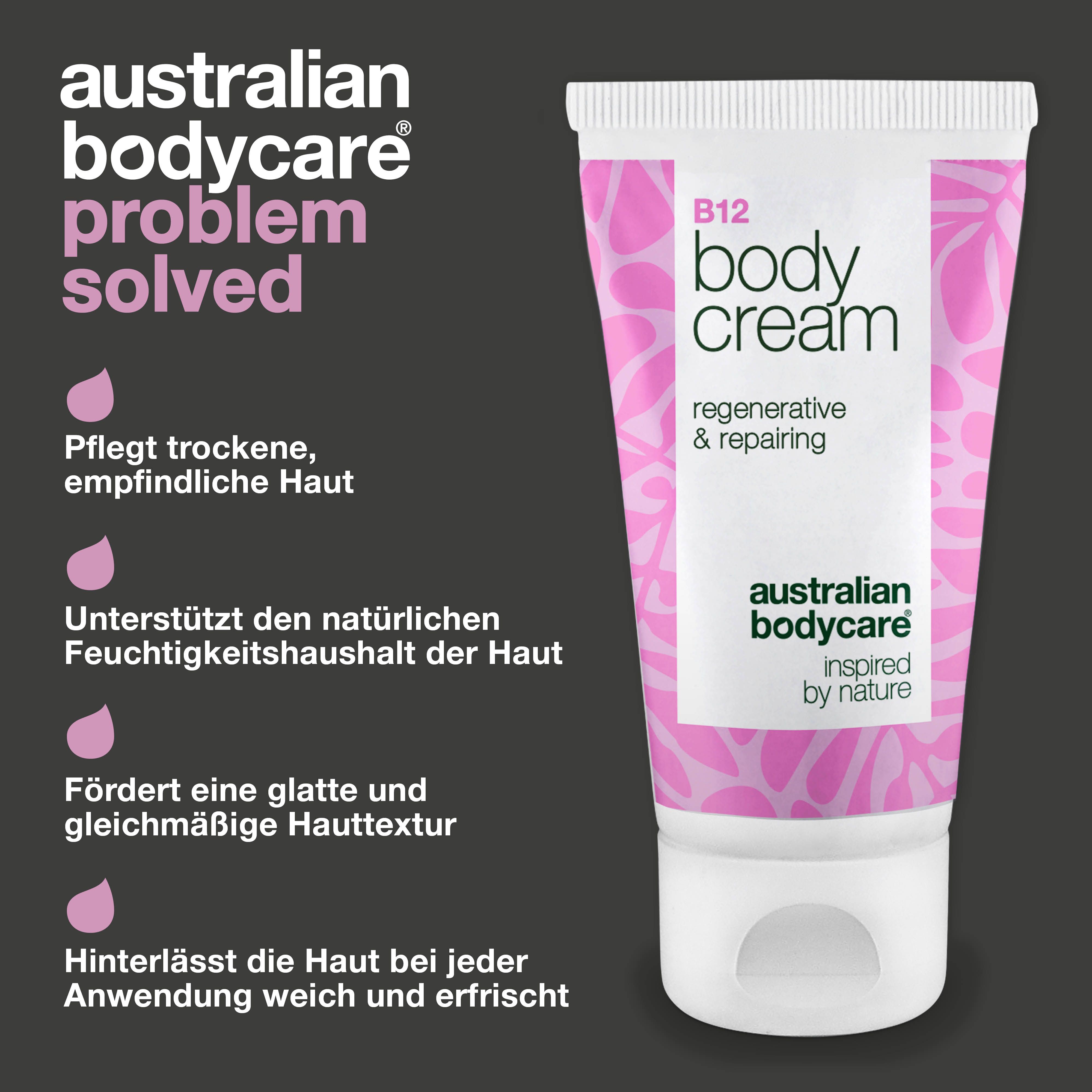 Körpercreme B12. Text: Australian Bodycare, Body Cream, regenerative & repairing. Rosa Tropfen. Text: Pflegt, unterstützt, glättet.
