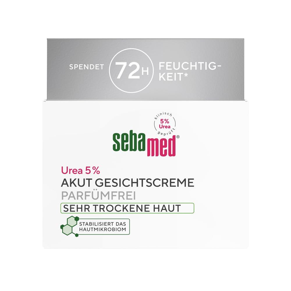 Weiße Creme-Verpackung mit rotem Logo und grüner Schrift. Text: Urea 5% Akut Gesichtspflege parfümfrei sehr trockene Haut. 72h Feuchtigkeit.