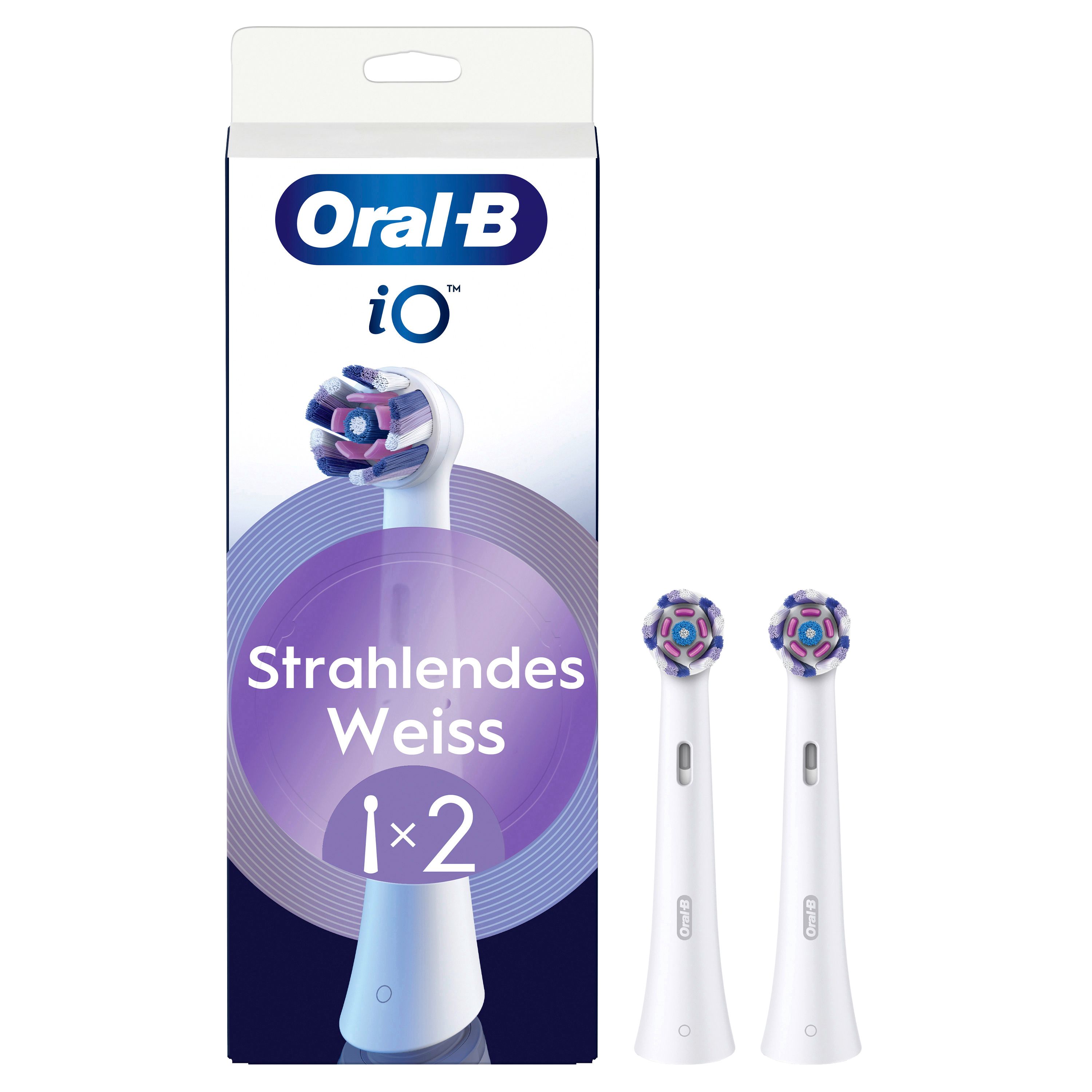 Verpackung mit zwei Aufsteckbürsten. Marke: Oral-B iO. Text: Strahlendes Weiss.