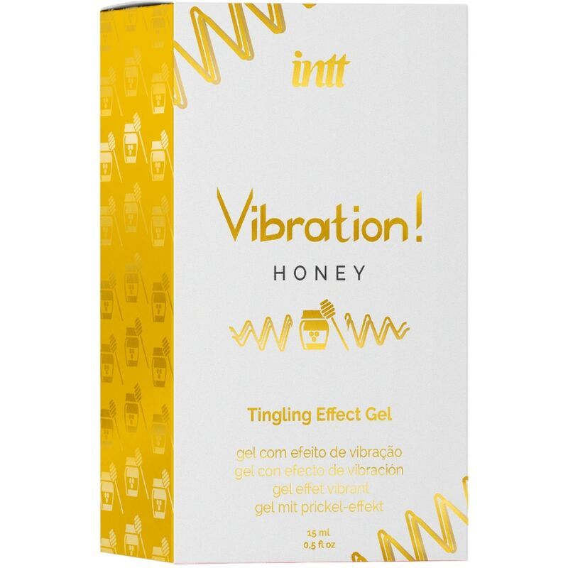 Produktverpackung, weiß mit goldener Schrift. Aufschrift: Vibration! Honey, Tingling Effect Gel. 15 ml.