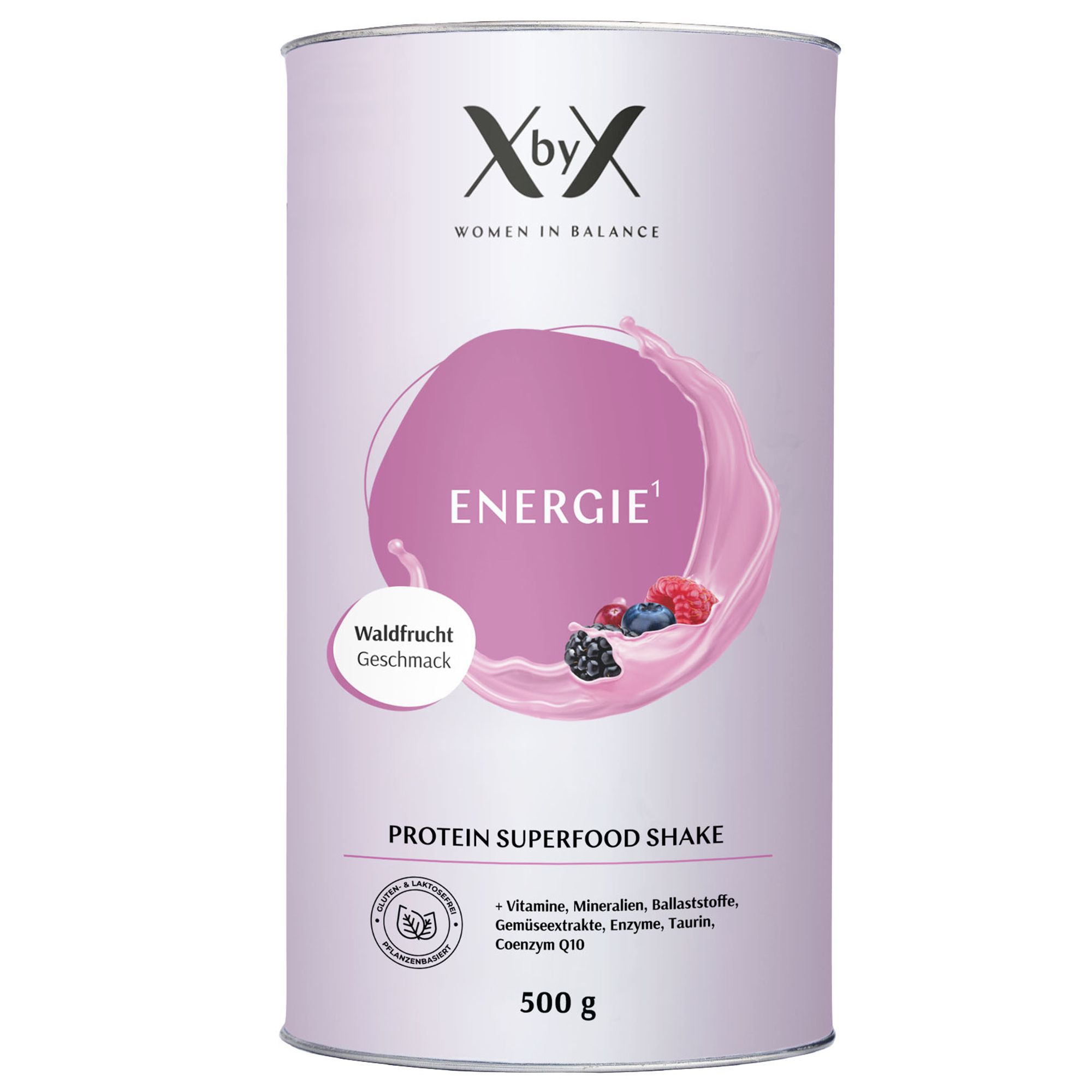 Dose mit „Energie“ und „Protein Superfood Shake“. Text: „Waldfrüchte Geschmack“. Logo und Inhaltsstoffe.