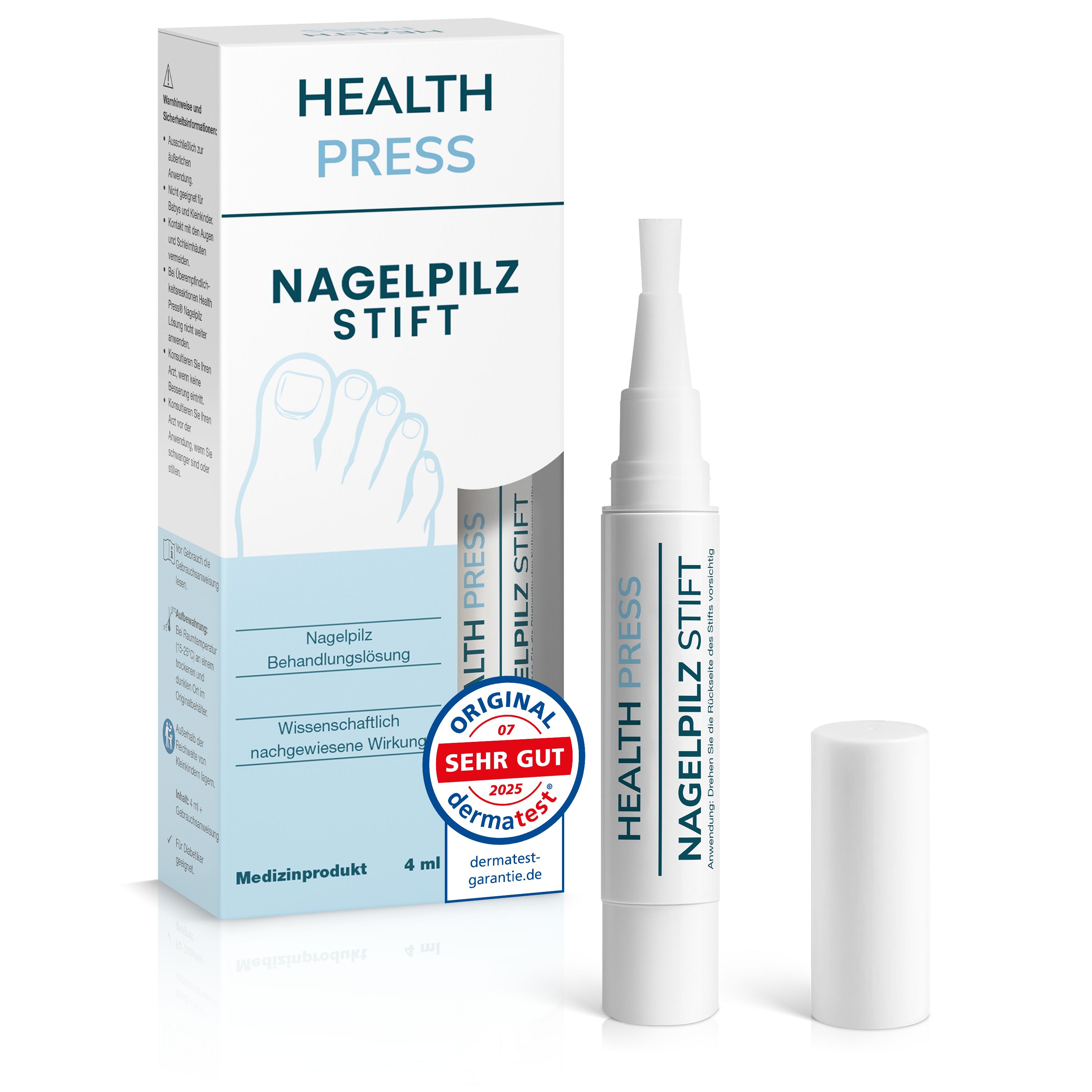 Produktverpackung und Stift. Health Press Nagelpilz Stift. Dermatest-Siegel. Medizinprodukt. 4 ml.