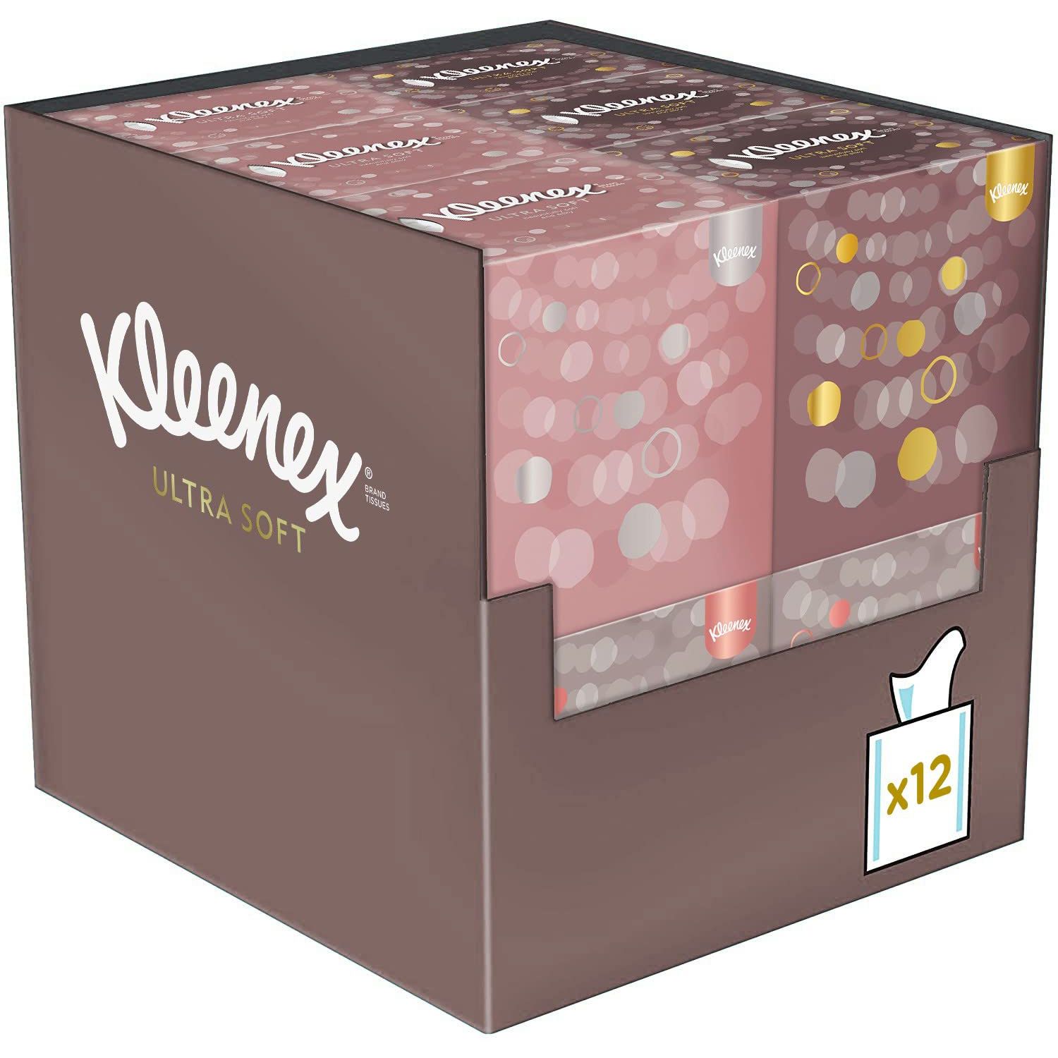 Kleenex Ultra Soft Kosmetiktücher-Box. Braune Verpackung mit Logo. Mehrere Boxen in einem Display. 12 Tücher.